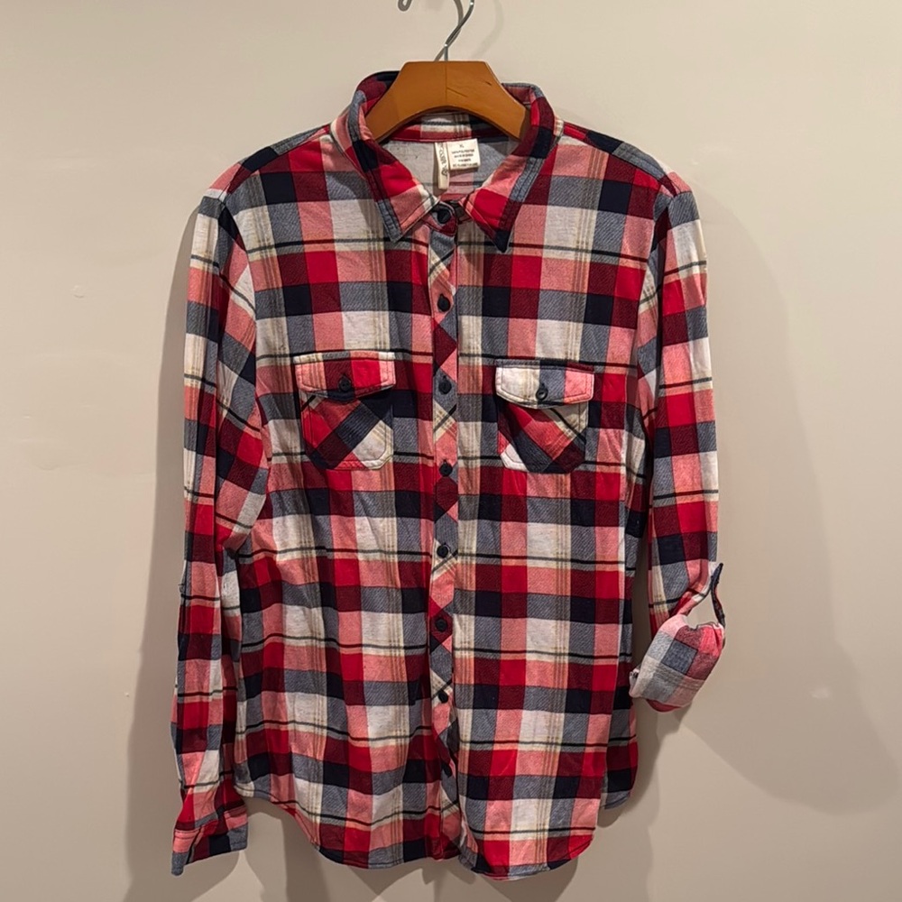 Buckle Red and Blue Button Down Shirt with Plaid Design